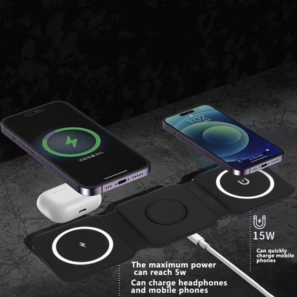 3 in 1 Foldable 15W Magnetic Wireless Charger Mat Pad for iPhone Apple Watch - Black