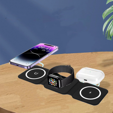 3 in 1 Foldable 15W Magnetic Wireless Charger Mat Pad for iPhone Apple Watch - Black